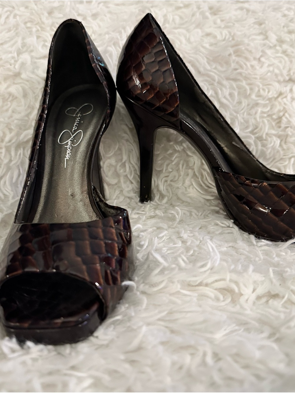 Jessica Simpson Dark Brown Croc-Embossed Peep-Toe Stilettos